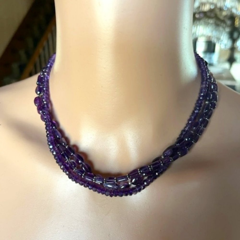 Triple-strand Amethyst Necklace with Silver Lobster-claw Clasp